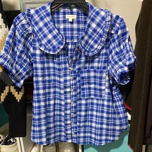 Pilcro Blue and White Checkered Blouse Anthropologie small new